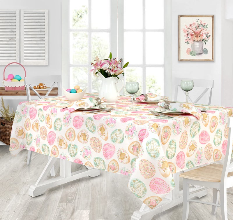 Newbridge Easter Egg Delight Fabric Tablecloth, Happy Easter Bunny Rabbit, Easy Care Stain Resistant Spring Fabric Tablecloth, 60â€ x 84â€ Oblong/Rectangle - Image 1
